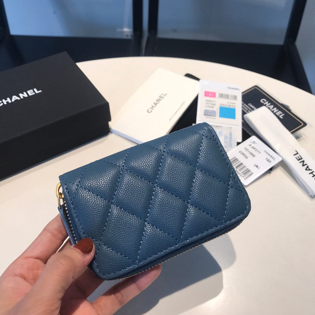 CHANEL ZIPPED COIN BASIC PURSE 11 AEGEAN CALFSKIN GOLD ICON
