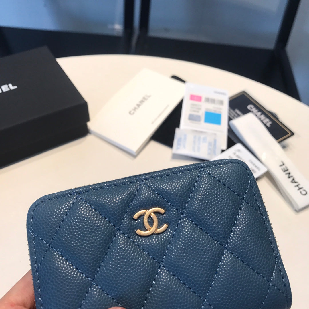 CHANEL ZIPPED COIN BASIC PURSE 11 AEGEAN CALFSKIN GOLD ICON