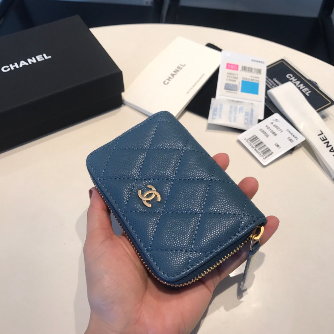 CHANEL ZIPPED COIN BASIC PURSE 11 AEGEAN CALFSKIN GOLD ICON