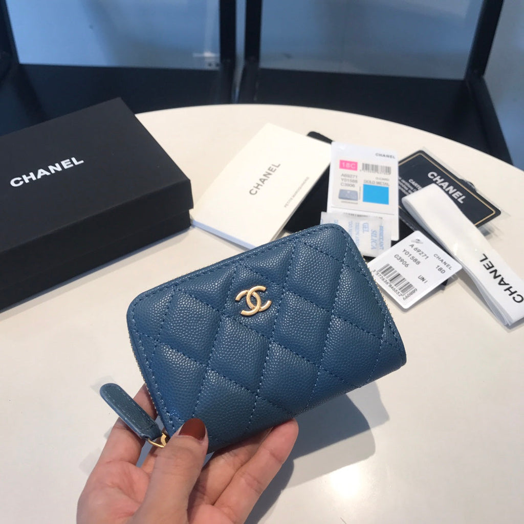 CHANEL ZIPPED COIN BASIC PURSE 11 AEGEAN CALFSKIN GOLD ICON