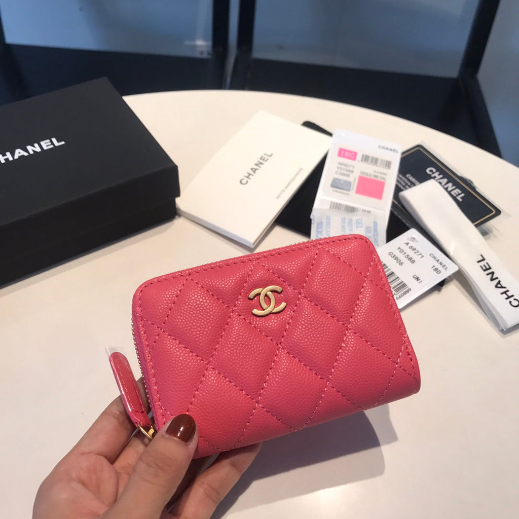 CHANEL ZIPPED COIN BASIC PURSE 11 RED PINK CALFSKIN GOLD ICON