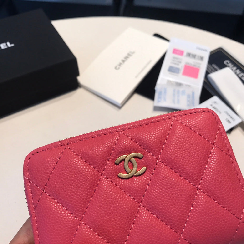 CHANEL ZIPPED COIN BASIC PURSE 11 RED PINK CALFSKIN GOLD ICON