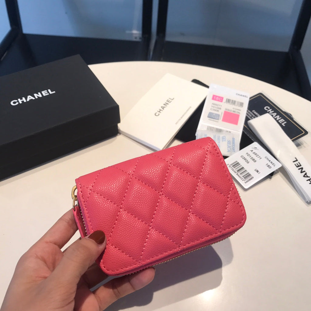 CHANEL ZIPPED COIN BASIC PURSE 11 RED PINK CALFSKIN GOLD ICON