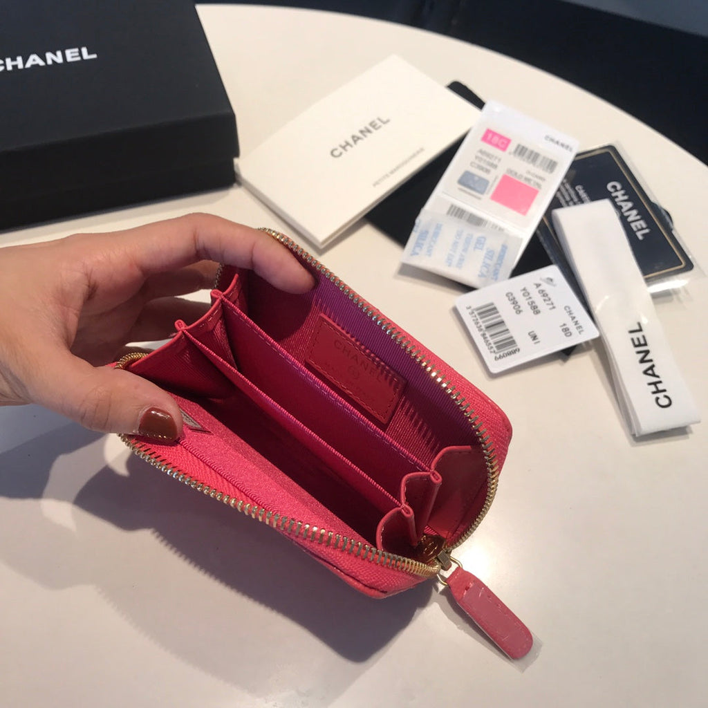 CHANEL ZIPPED COIN BASIC PURSE 11 RED PINK CALFSKIN GOLD ICON