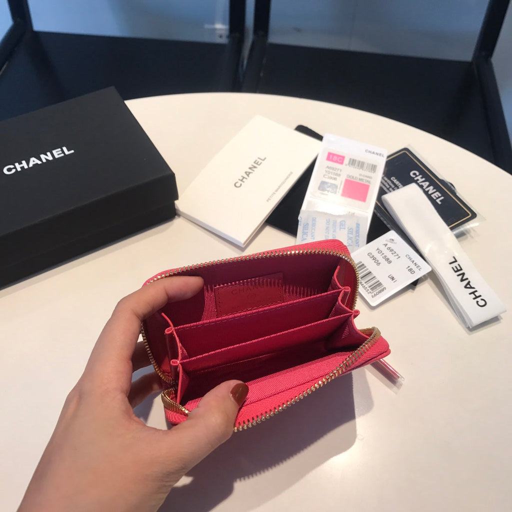 CHANEL ZIPPED COIN BASIC PURSE 11 RED PINK CALFSKIN GOLD ICON
