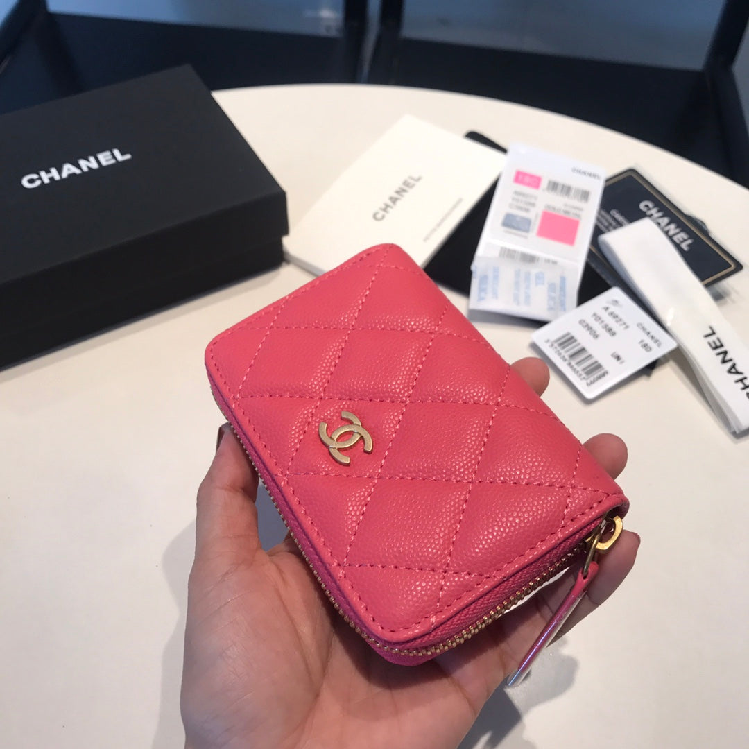CHANEL ZIPPED COIN BASIC PURSE 11 RED PINK CALFSKIN GOLD ICON