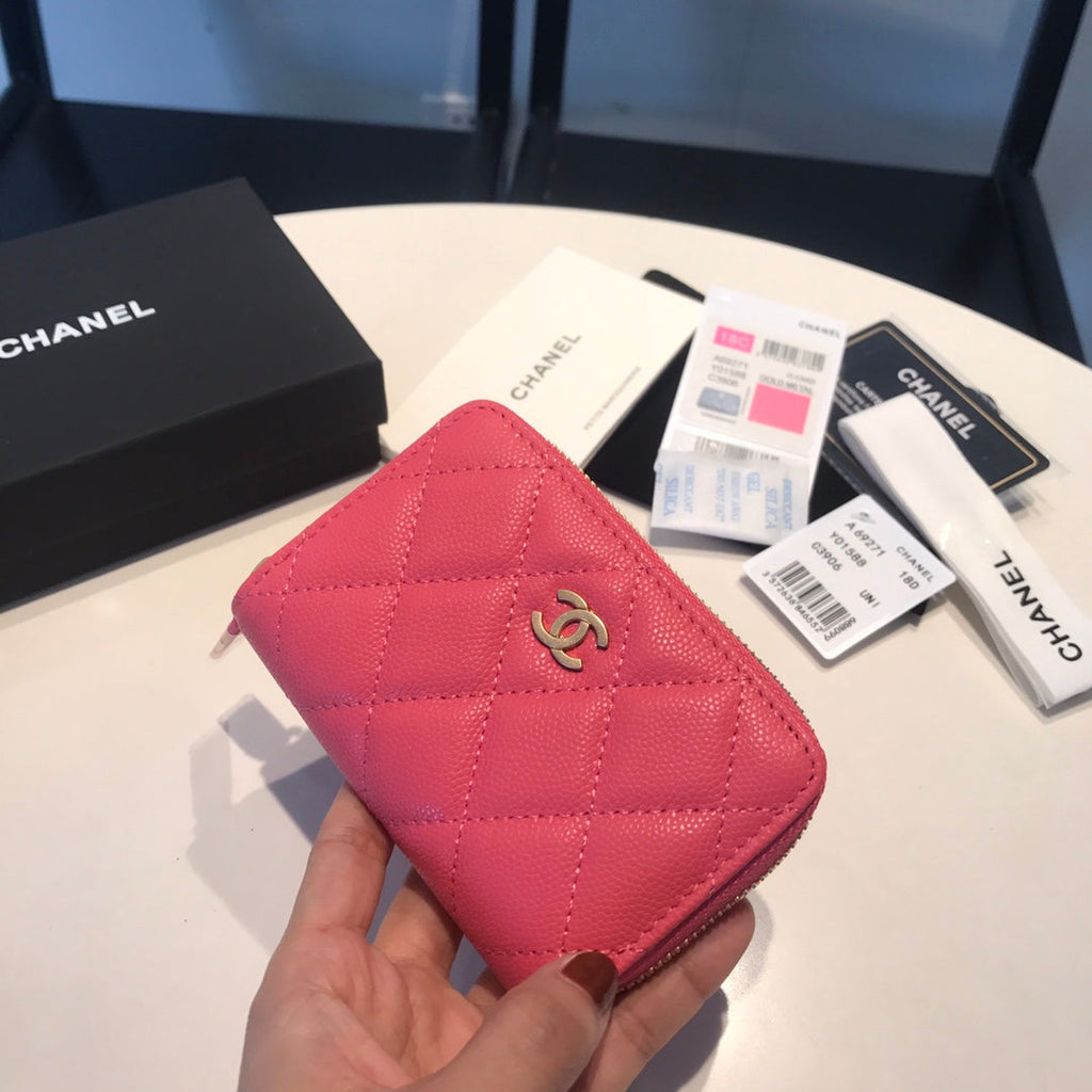 CHANEL ZIPPED COIN BASIC PURSE 11 RED PINK CALFSKIN GOLD ICON