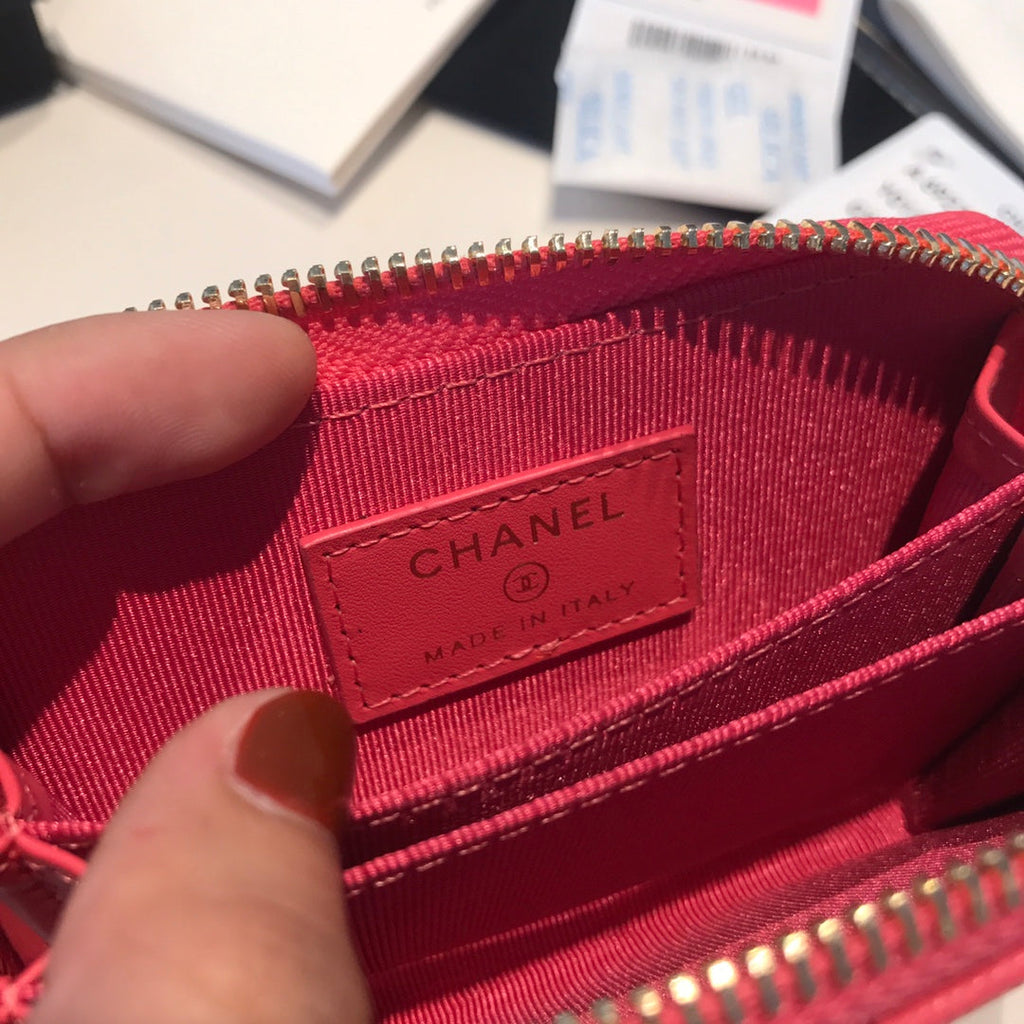 CHANEL ZIPPED COIN BASIC PURSE 11 RED PINK CALFSKIN GOLD ICON