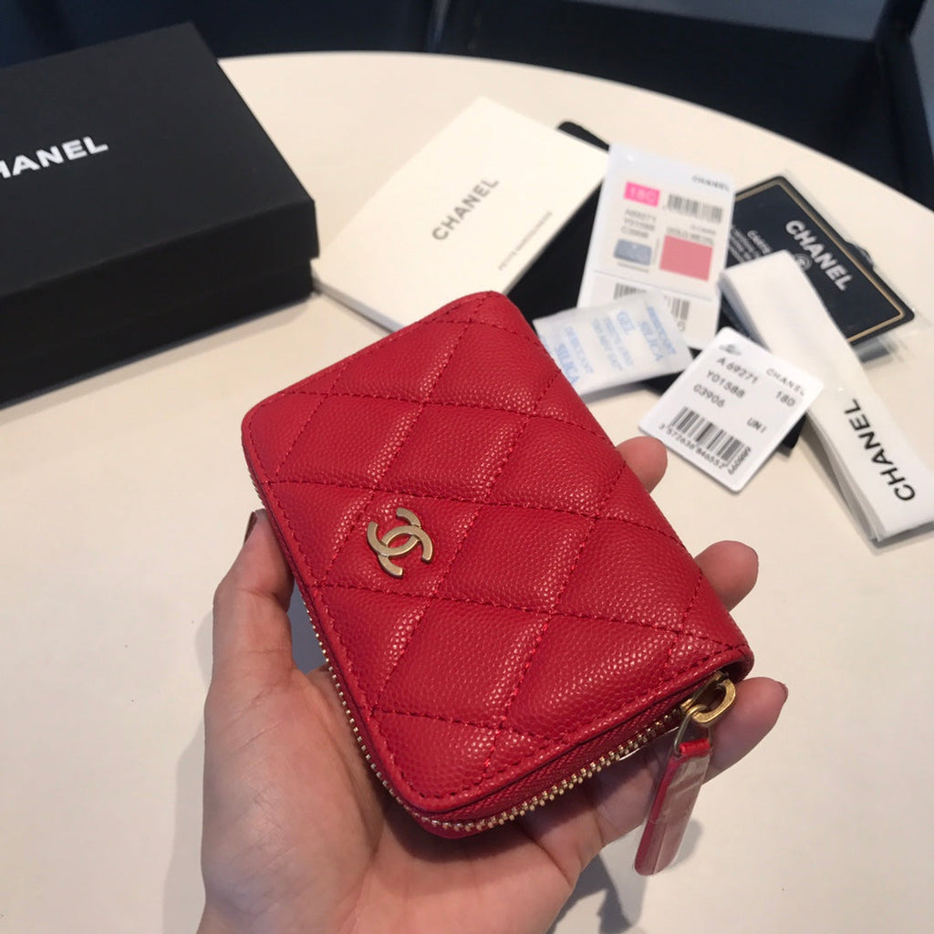 CHANEL ZIPPED COIN BASIC PURSE 11 RED CALFSKIN GOLD ICON