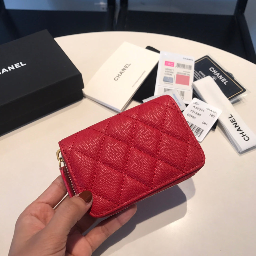CHANEL ZIPPED COIN BASIC PURSE 11 RED CALFSKIN GOLD ICON