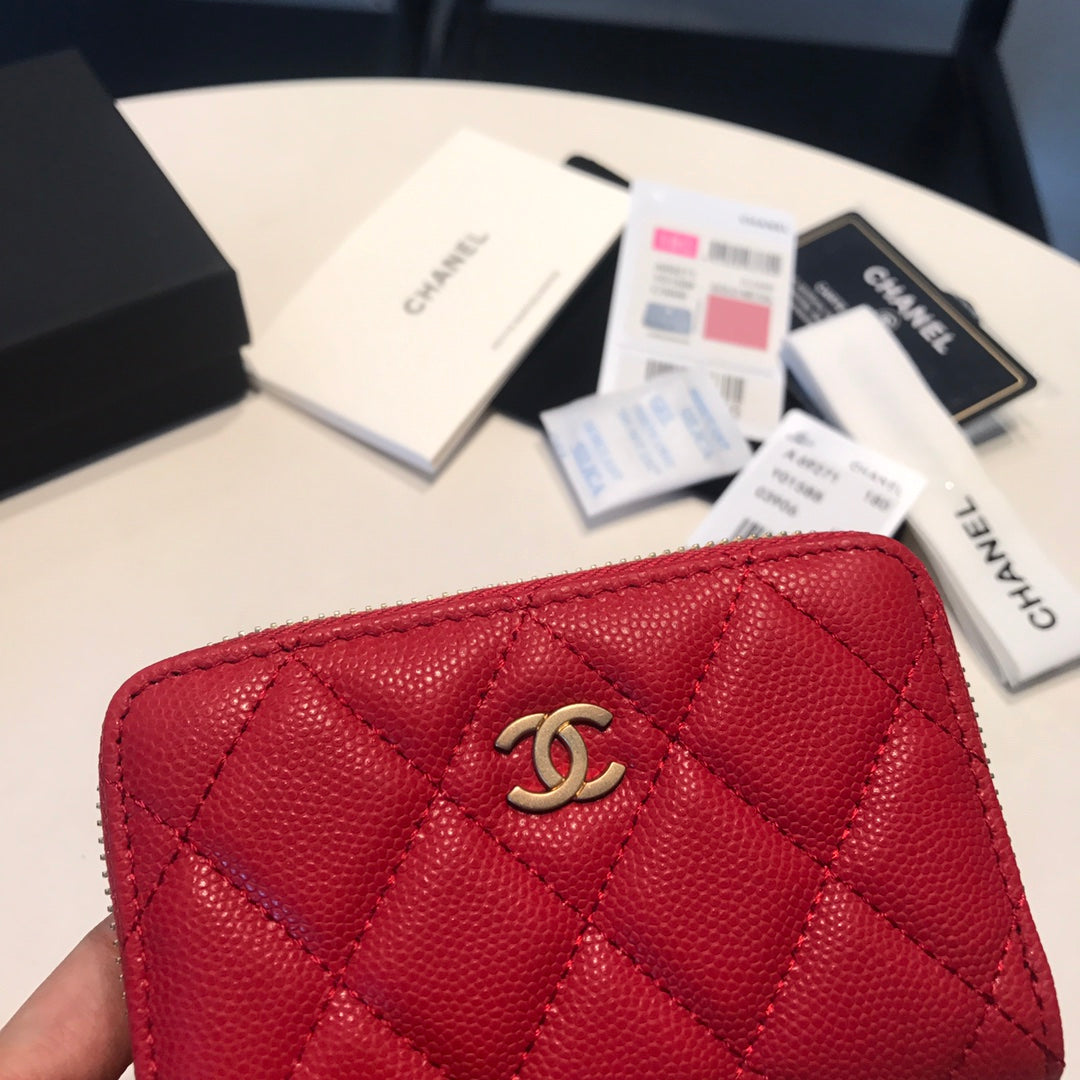 CHANEL ZIPPED COIN BASIC PURSE 11 RED CALFSKIN GOLD ICON
