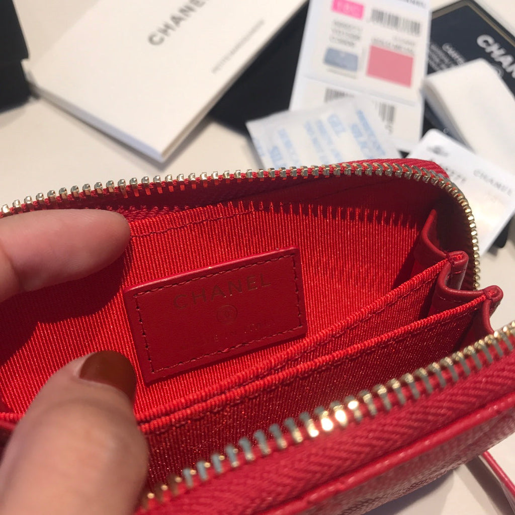 CHANEL ZIPPED COIN BASIC PURSE 11 RED CALFSKIN GOLD ICON