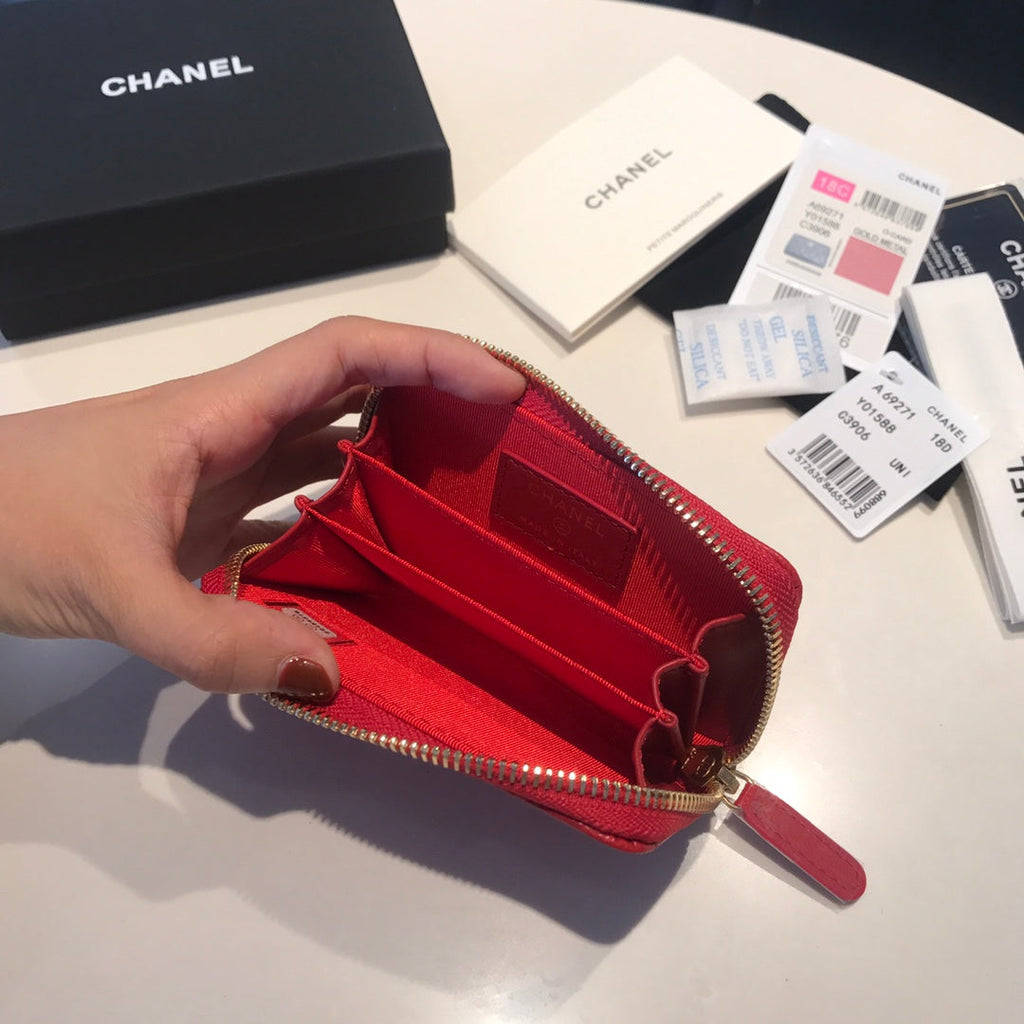 CHANEL ZIPPED COIN BASIC PURSE 11 RED CALFSKIN GOLD ICON