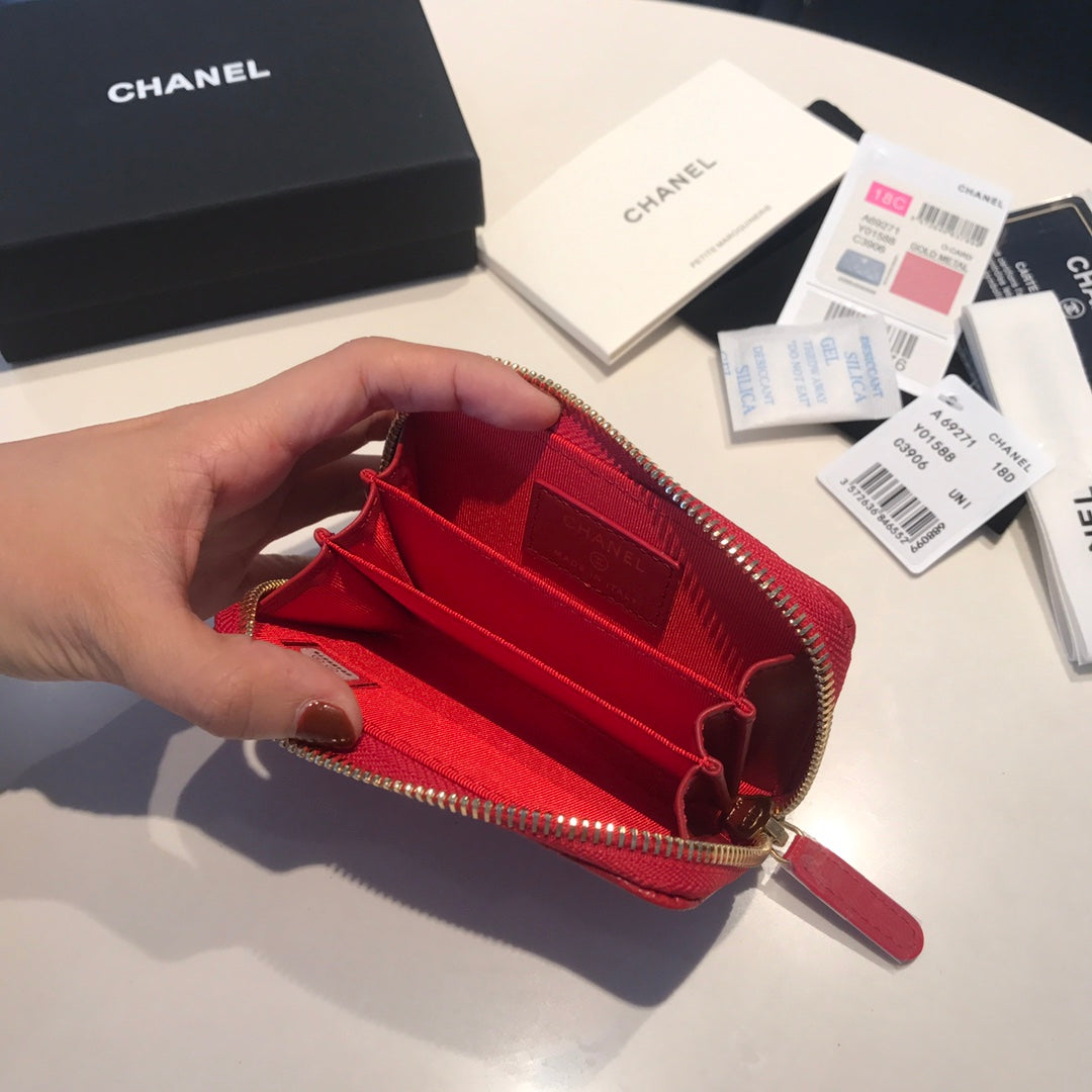 CHANEL ZIPPED COIN BASIC PURSE 11 RED CALFSKIN GOLD ICON