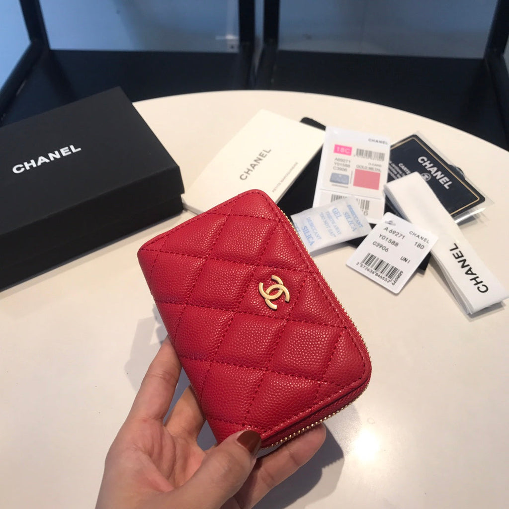 CHANEL ZIPPED COIN BASIC PURSE 11 RED CALFSKIN GOLD ICON