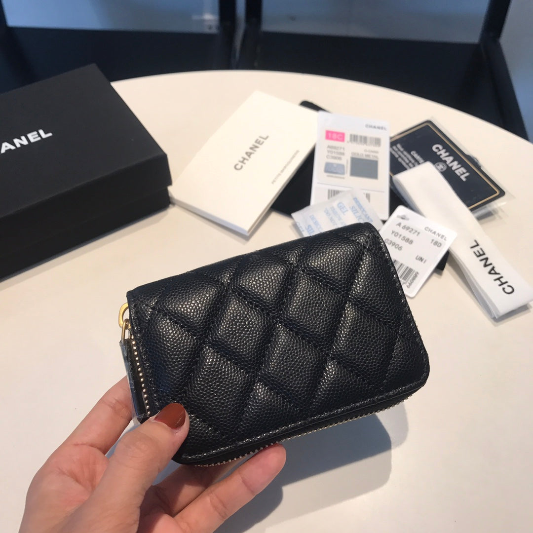 CHANEL ZIPPED COIN BASIC PURSE 11 BLACK CALFSKIN GOLD ICON
