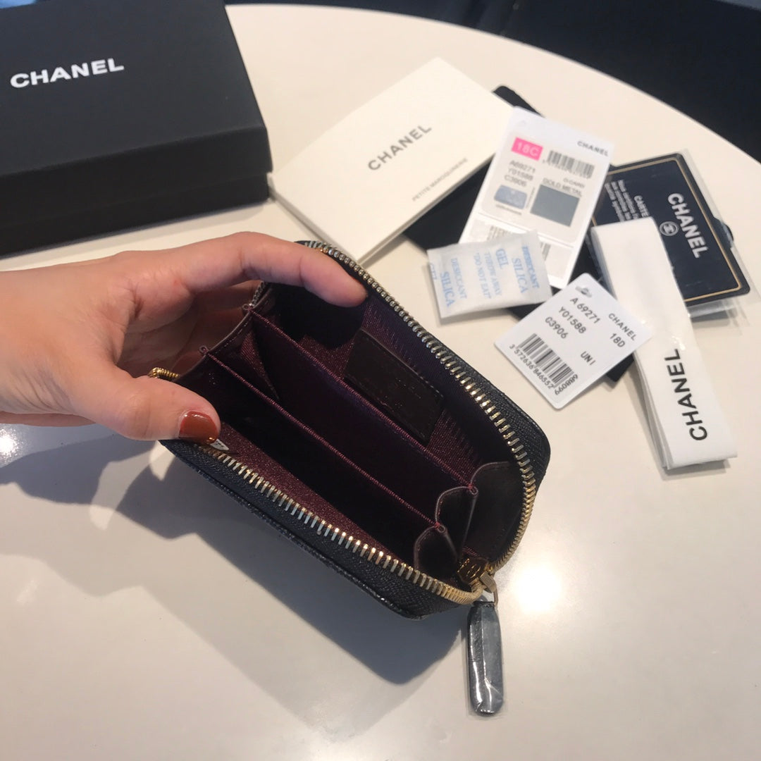 CHANEL ZIPPED COIN BASIC PURSE 11 BLACK CALFSKIN GOLD ICON