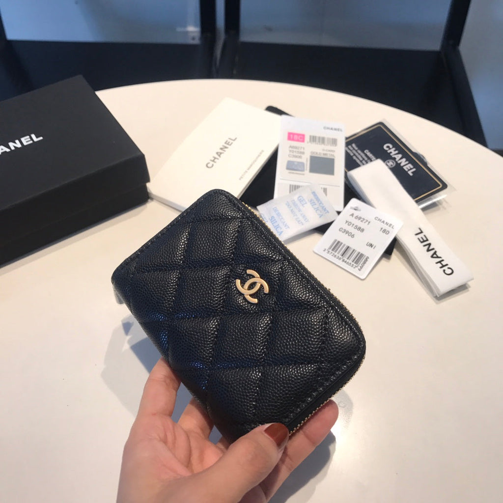CHANEL ZIPPED COIN BASIC PURSE 11 BLACK CALFSKIN GOLD ICON