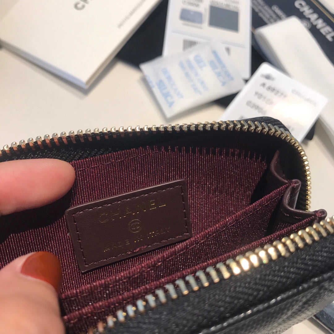 CHANEL ZIPPED COIN BASIC PURSE 11 BLACK CALFSKIN GOLD ICON