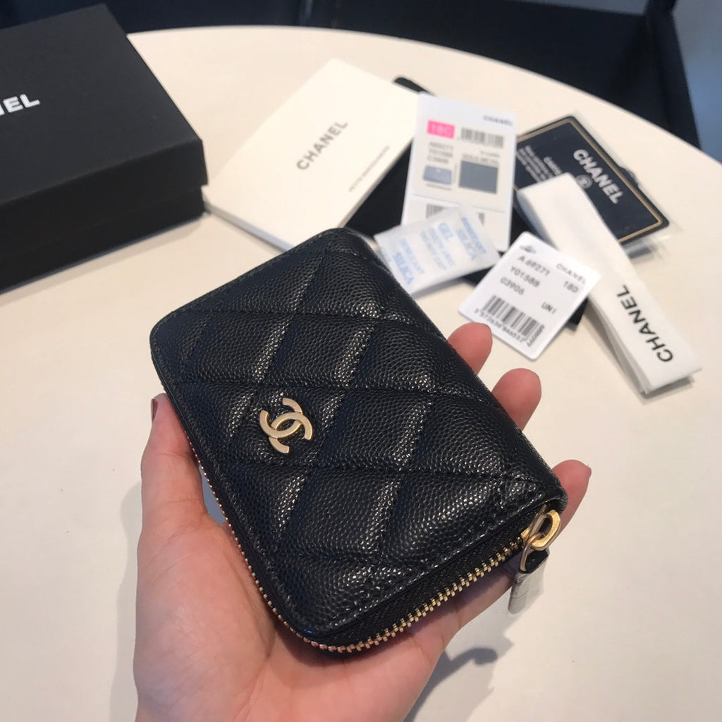 CHANEL ZIPPED COIN BASIC PURSE 11 BLACK CALFSKIN GOLD ICON