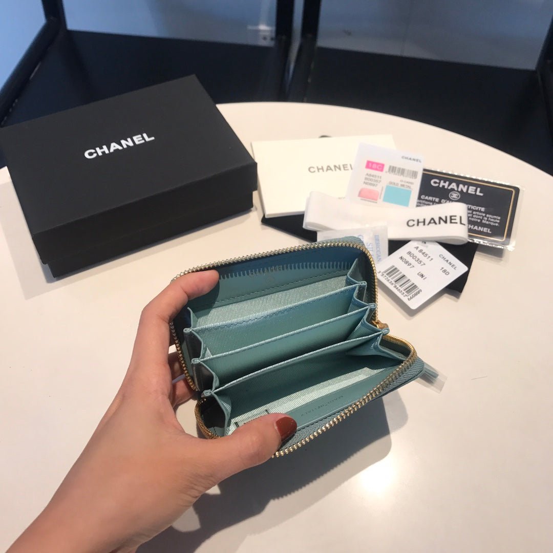 CHANEL ZIPPED CAVIAR PURSE 11 TEAL CALFSKIN GOLD ICON