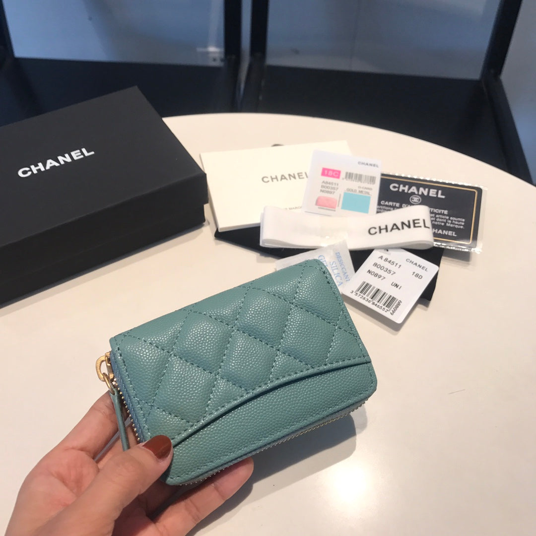 CHANEL ZIPPED CAVIAR PURSE 11 TEAL CALFSKIN GOLD ICON
