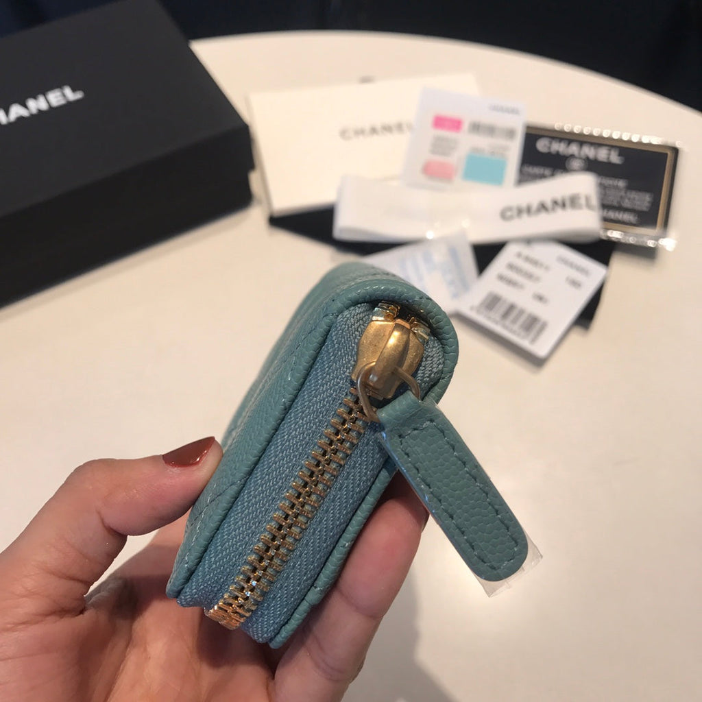 CHANEL ZIPPED CAVIAR PURSE 11 TEAL CALFSKIN GOLD ICON