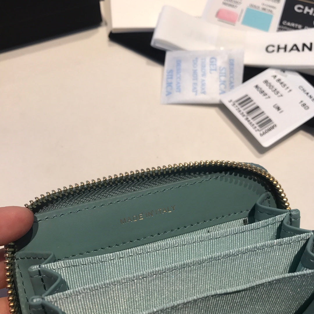 CHANEL ZIPPED CAVIAR PURSE 11 TEAL CALFSKIN GOLD ICON