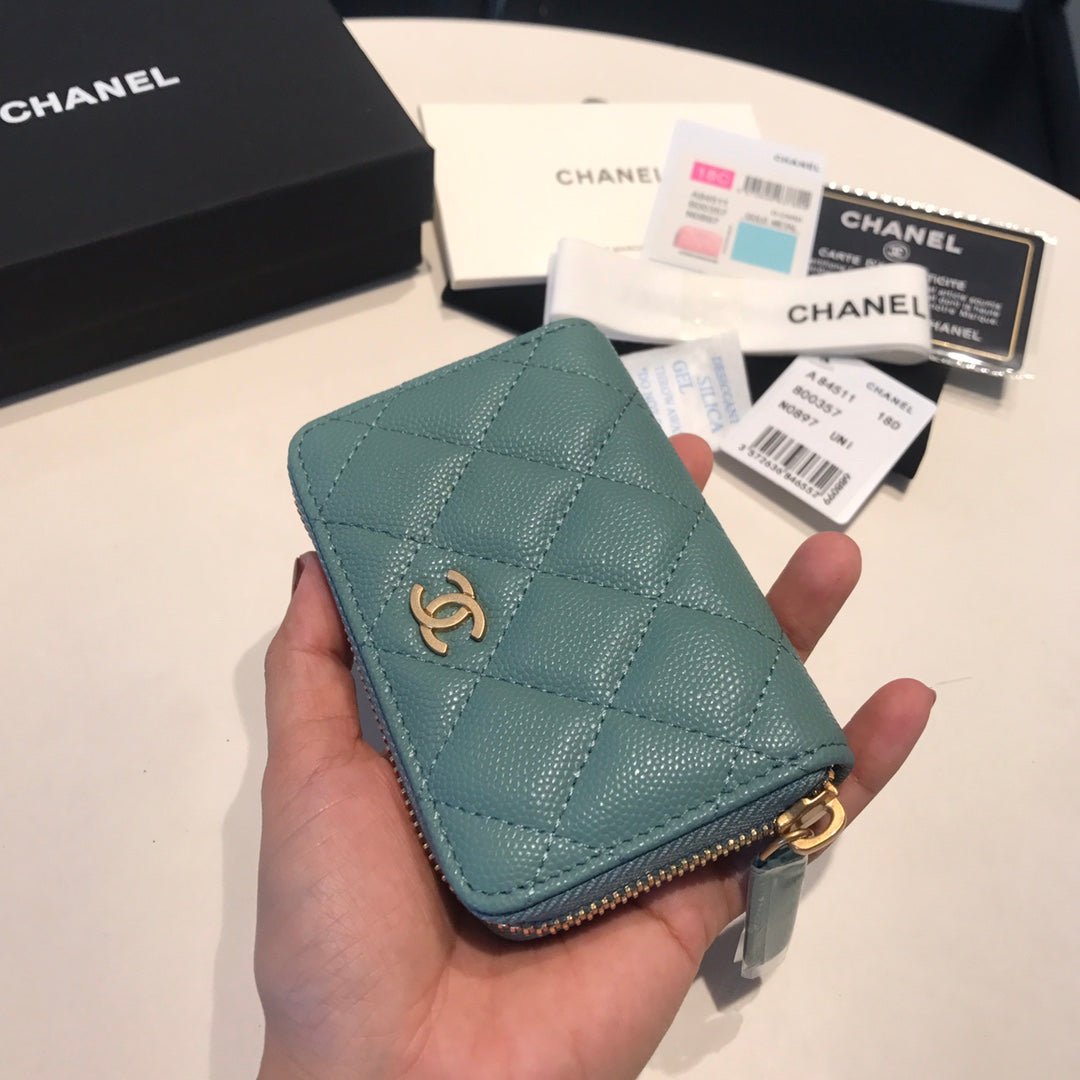 CHANEL ZIPPED CAVIAR PURSE 11 TEAL CALFSKIN GOLD ICON
