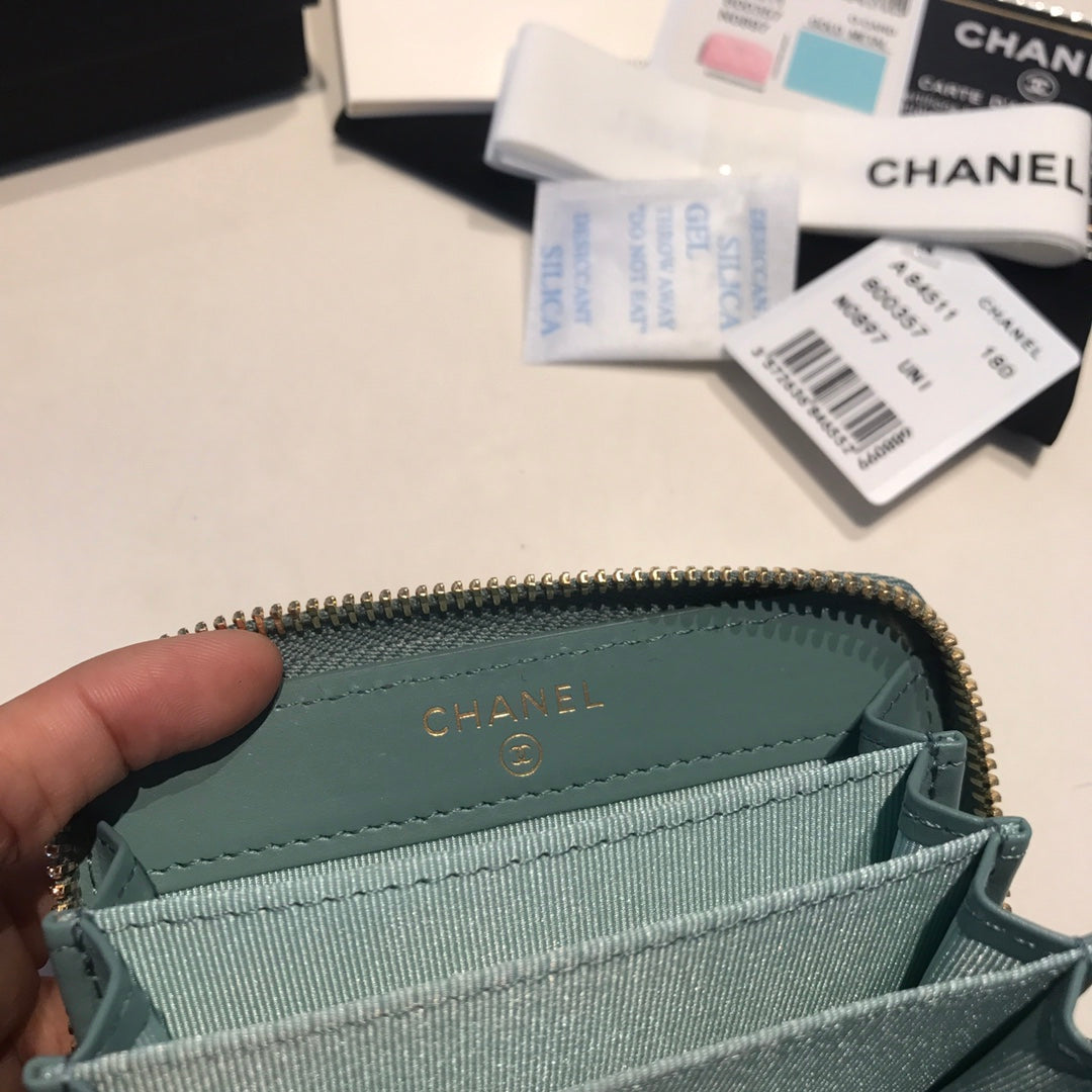 CHANEL ZIPPED CAVIAR PURSE 11 TEAL CALFSKIN GOLD ICON