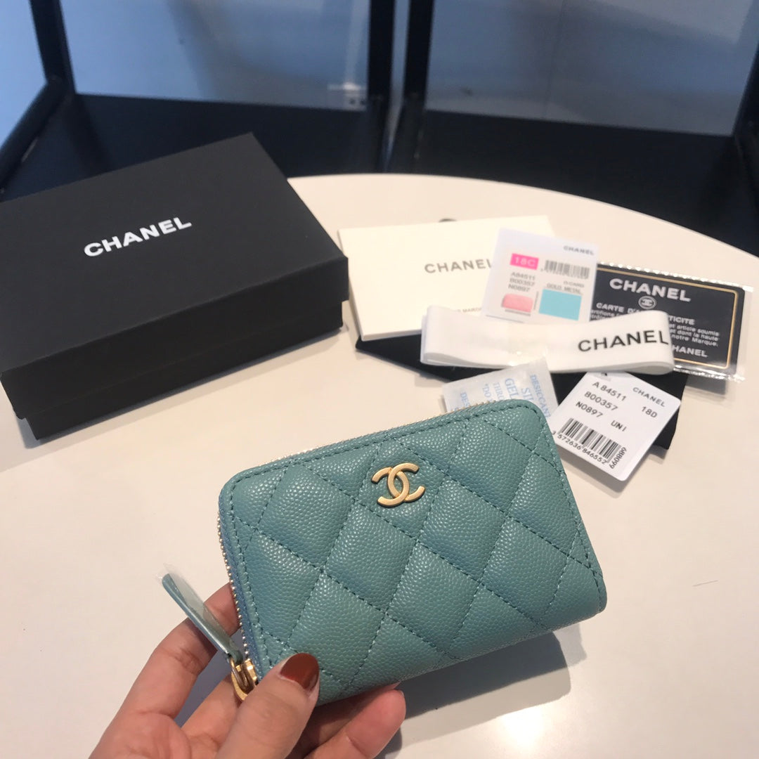CHANEL ZIPPED CAVIAR PURSE 11 TEAL CALFSKIN GOLD ICON