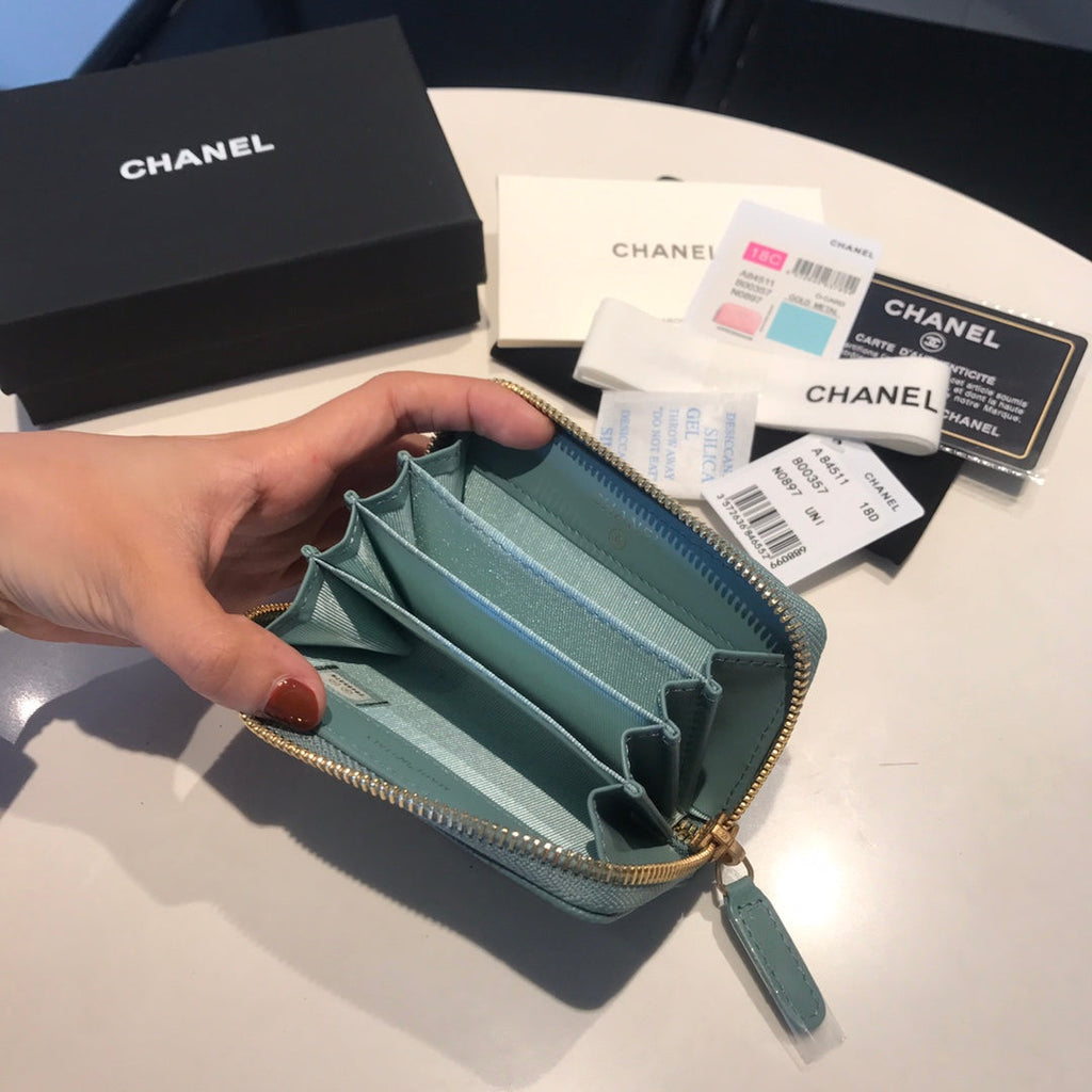 CHANEL ZIPPED CAVIAR PURSE 11 TEAL CALFSKIN GOLD ICON