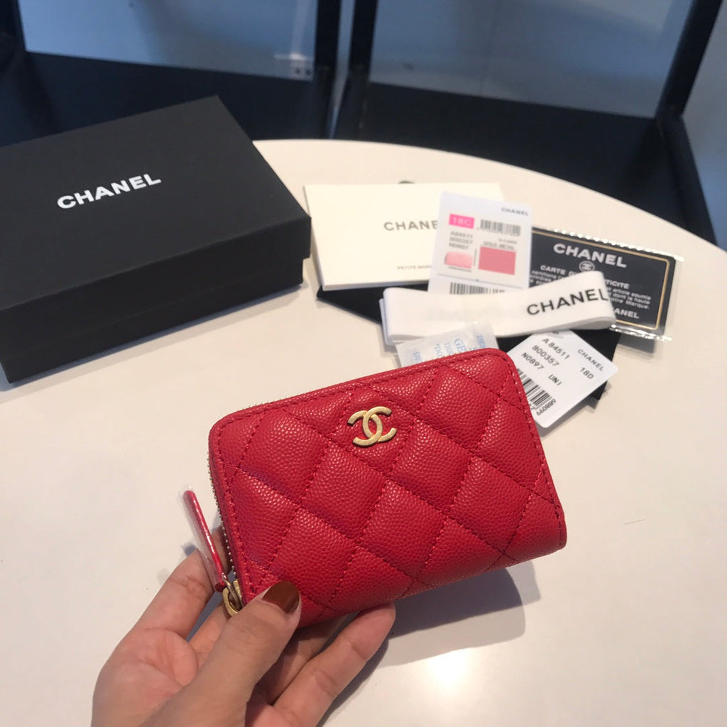 CHANEL ZIPPED CAVIAR PURSE 11 RED CALFSKIN GOLD ICON