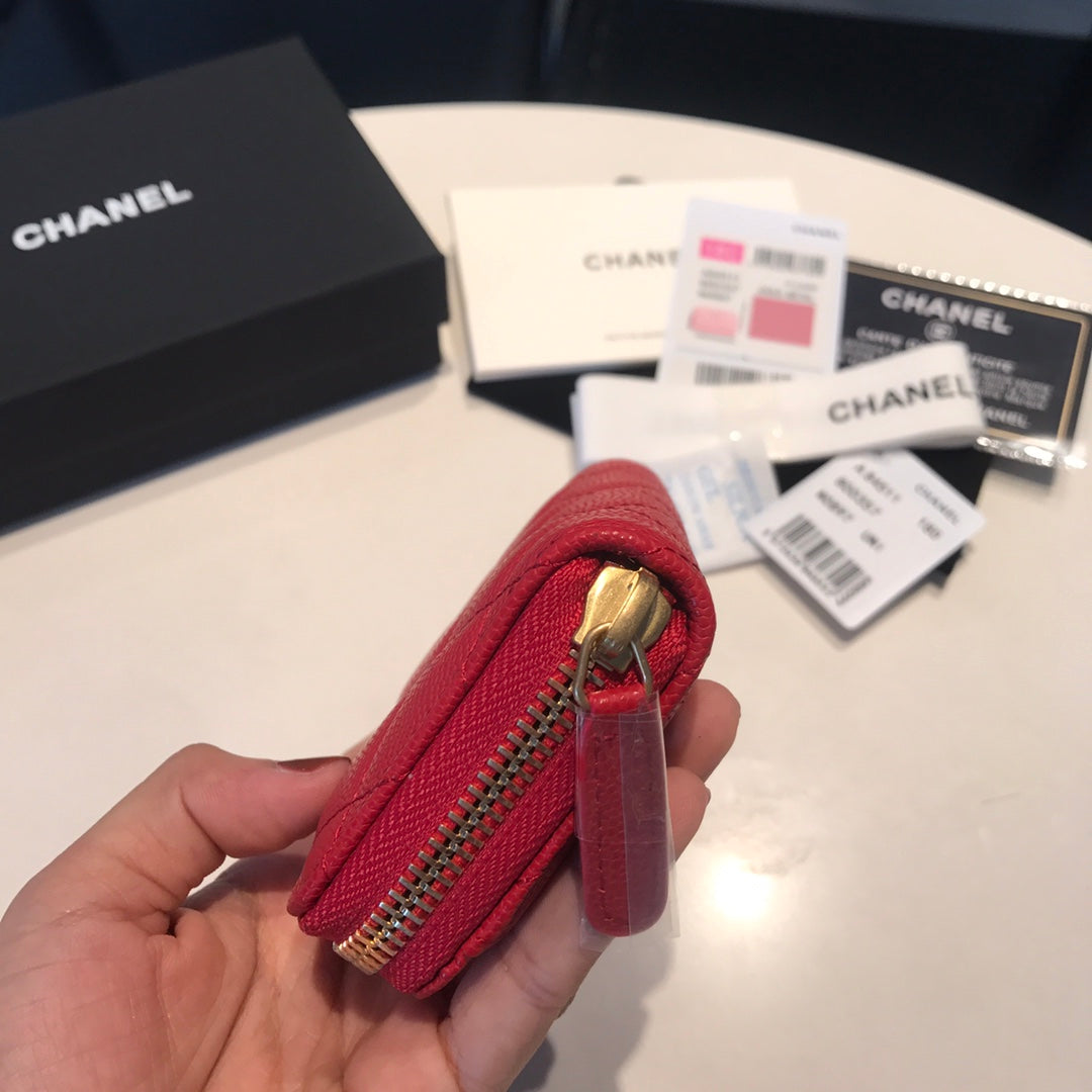 CHANEL ZIPPED CAVIAR PURSE 11 RED CALFSKIN GOLD ICON