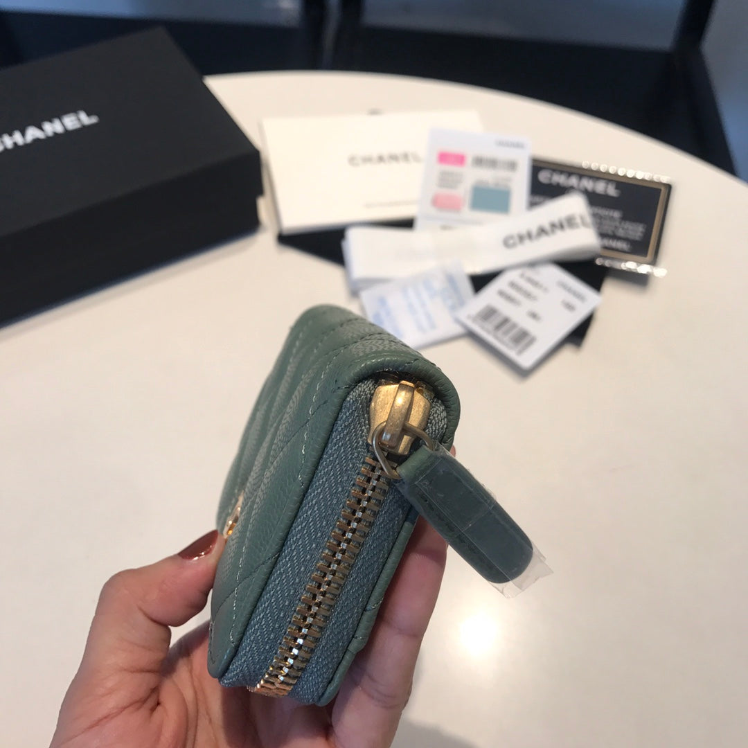 CHANEL ZIPPED CAVIAR PURSE 11 TURQUOISE CALFSKIN GOLD ICON