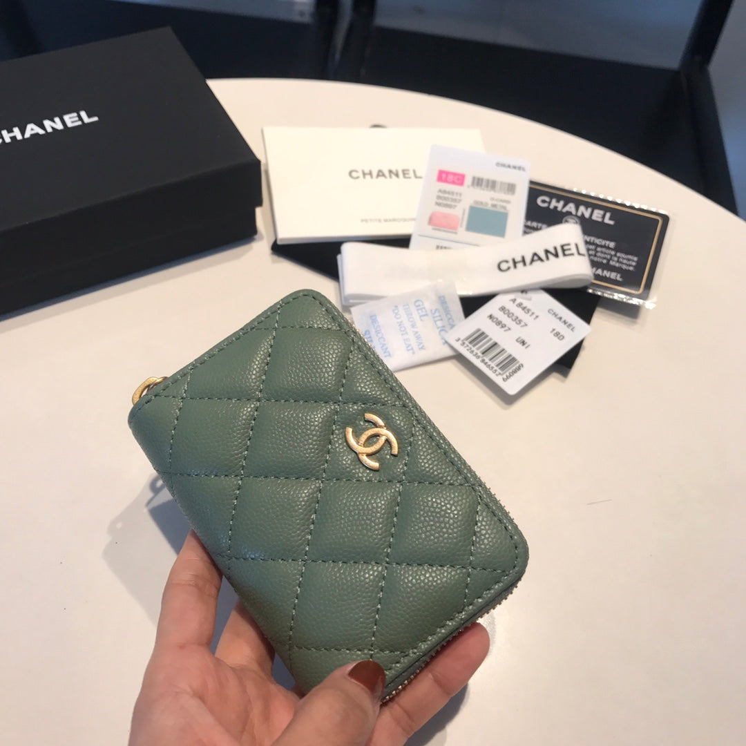 CHANEL ZIPPED CAVIAR PURSE 11 TURQUOISE CALFSKIN GOLD ICON