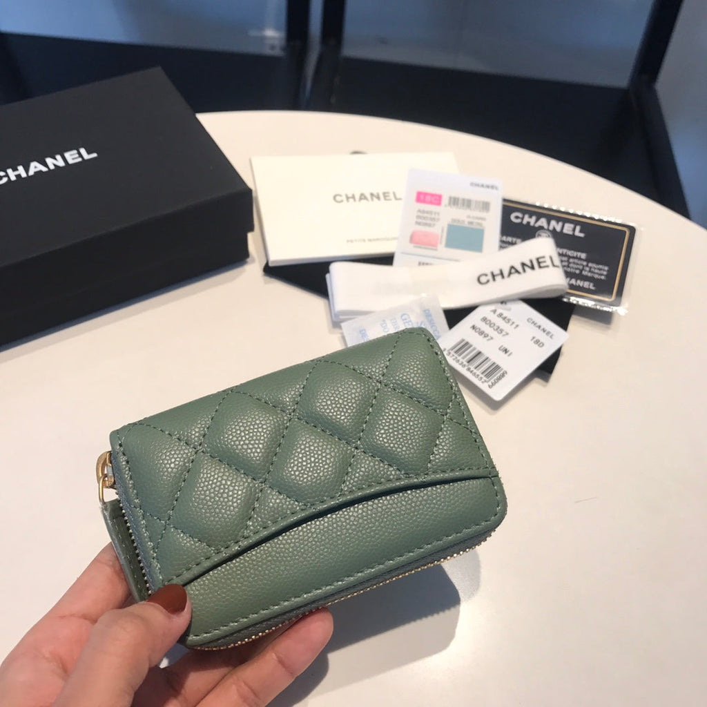 CHANEL ZIPPED CAVIAR PURSE 11 TURQUOISE CALFSKIN GOLD ICON