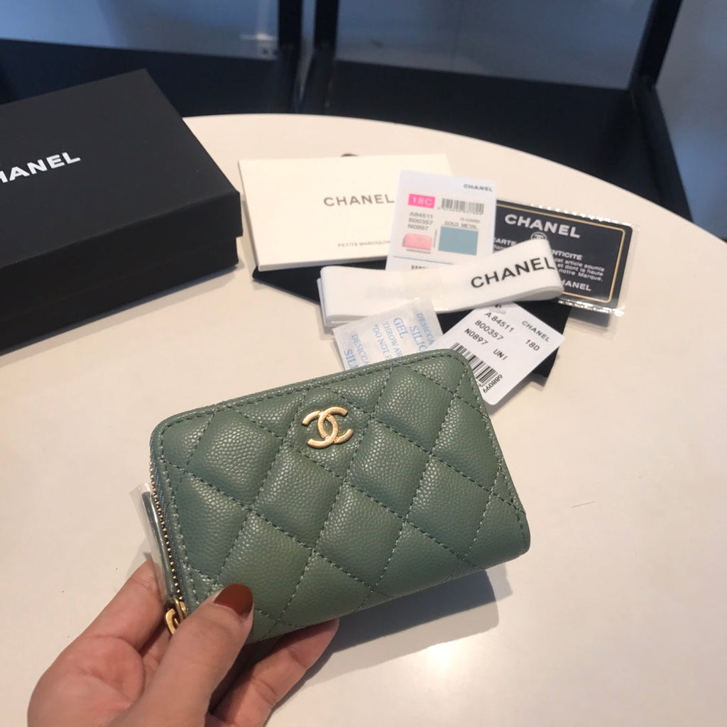 CHANEL ZIPPED CAVIAR PURSE 11 TURQUOISE CALFSKIN GOLD ICON