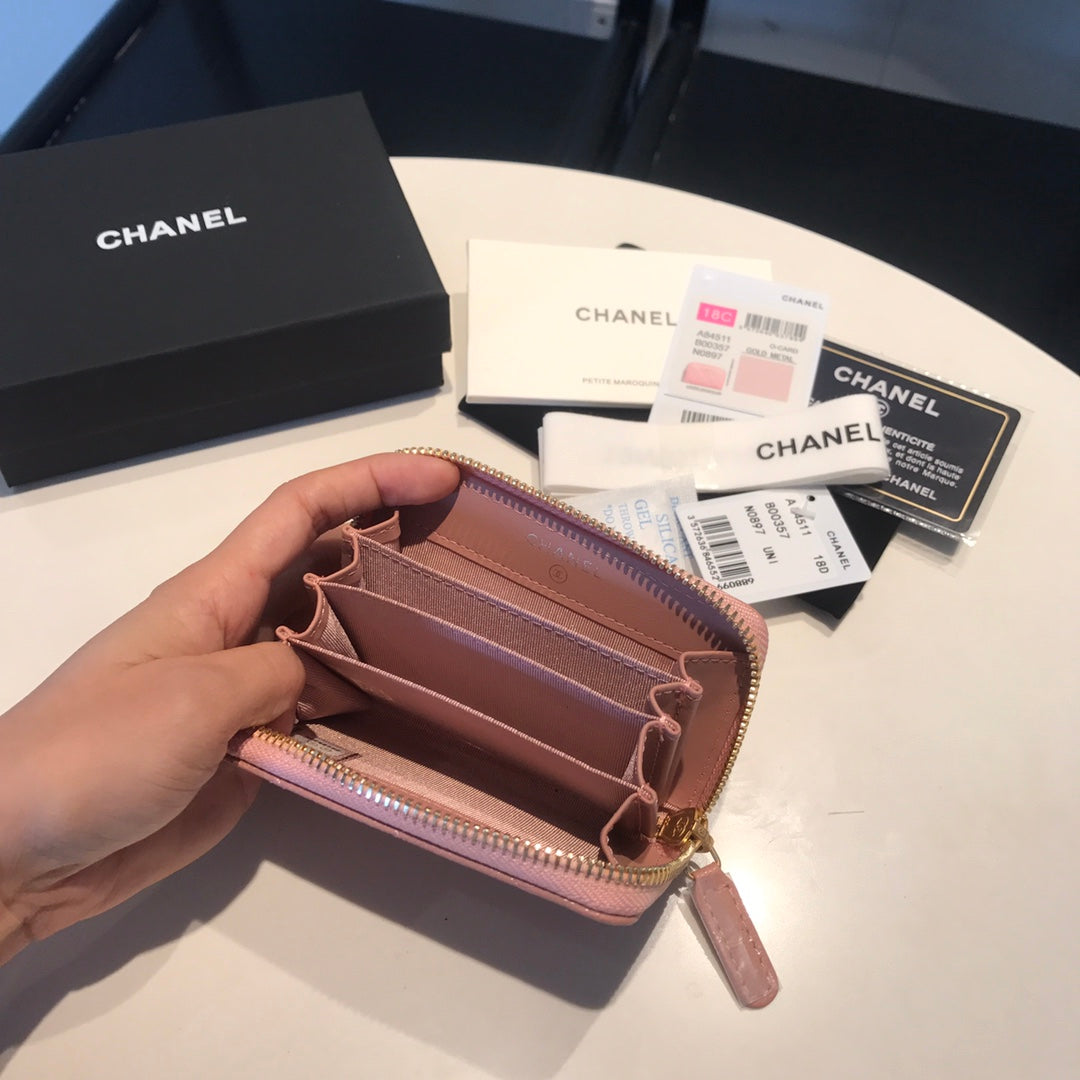 CHANEL ZIPPED CAVIAR PURSE 11 PEACH CALFSKIN GOLD ICON