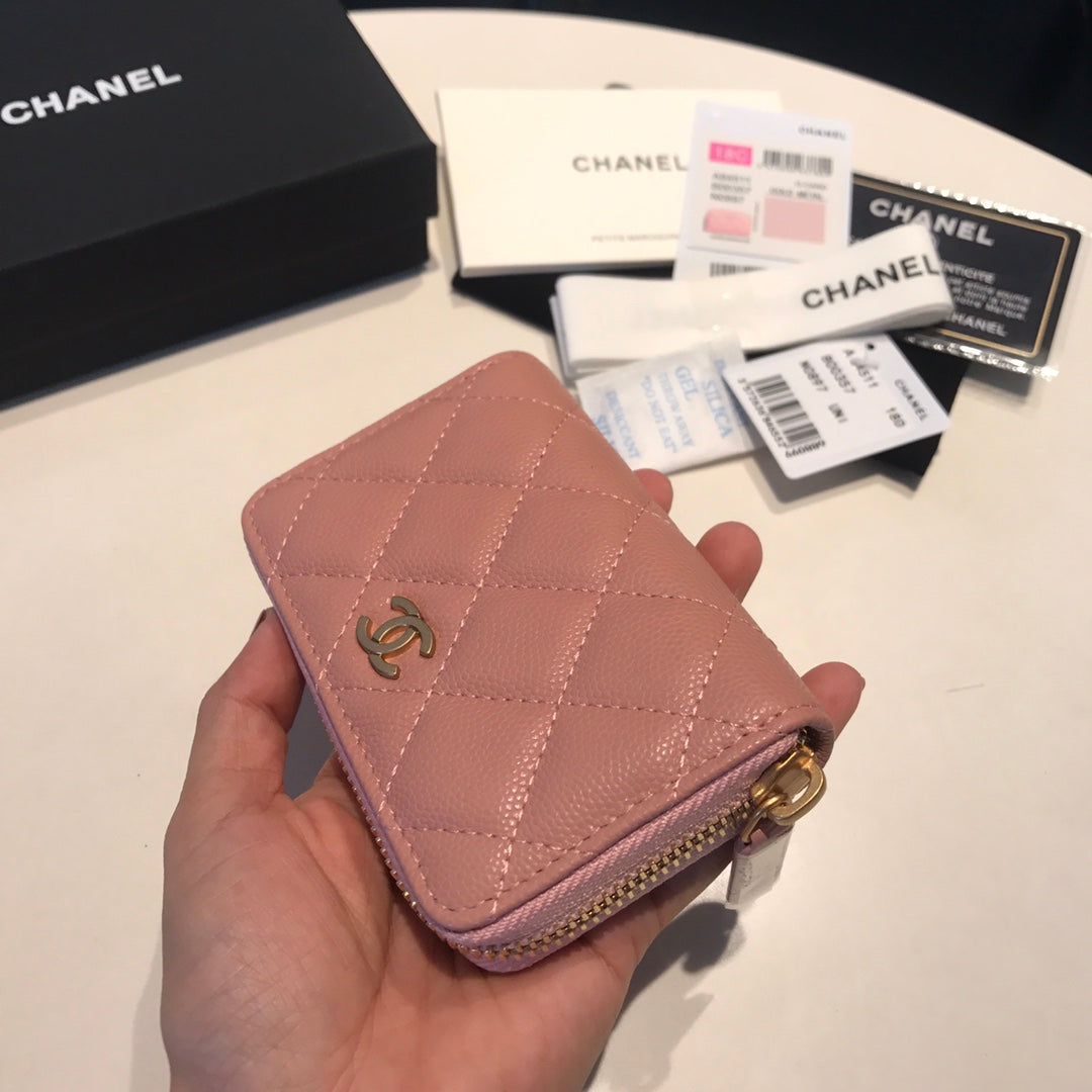 CHANEL ZIPPED CAVIAR PURSE 11 PEACH CALFSKIN GOLD ICON