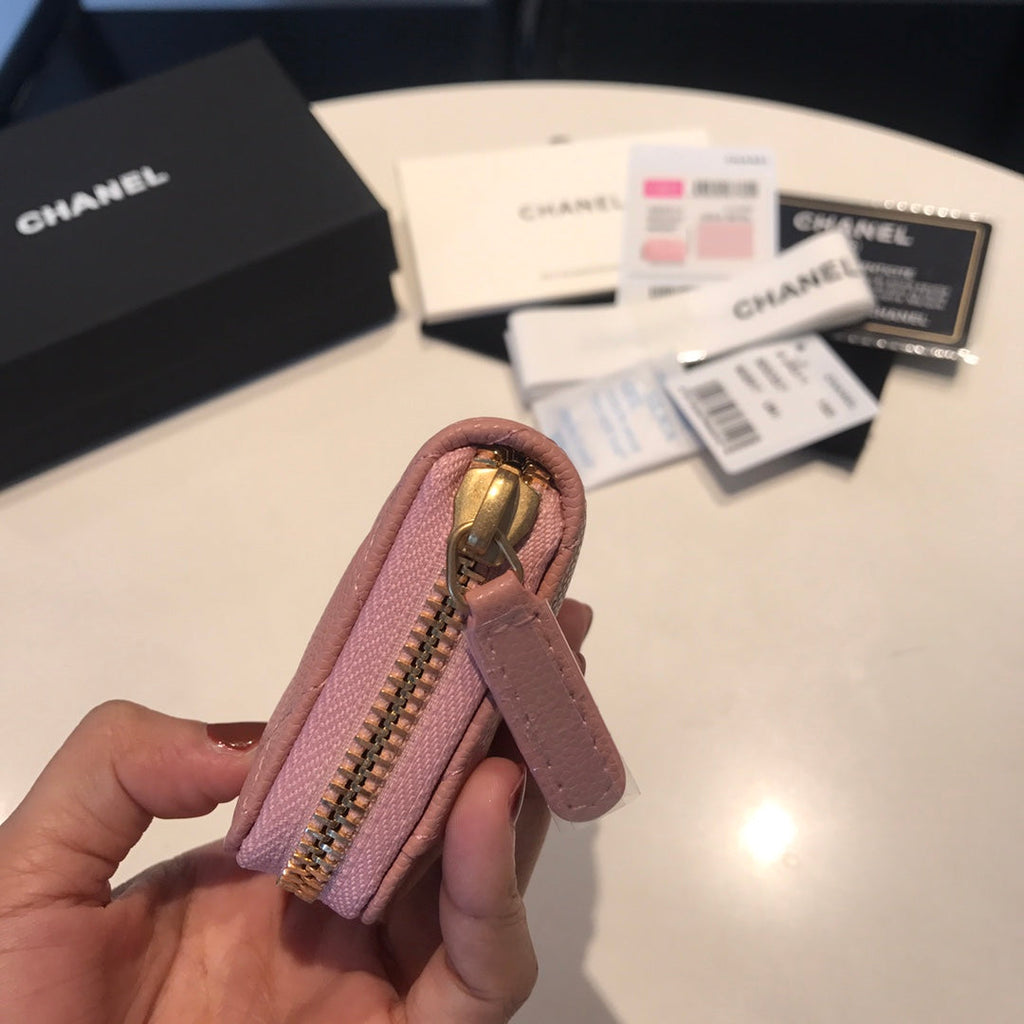 CHANEL ZIPPED CAVIAR PURSE 11 PEACH CALFSKIN GOLD ICON
