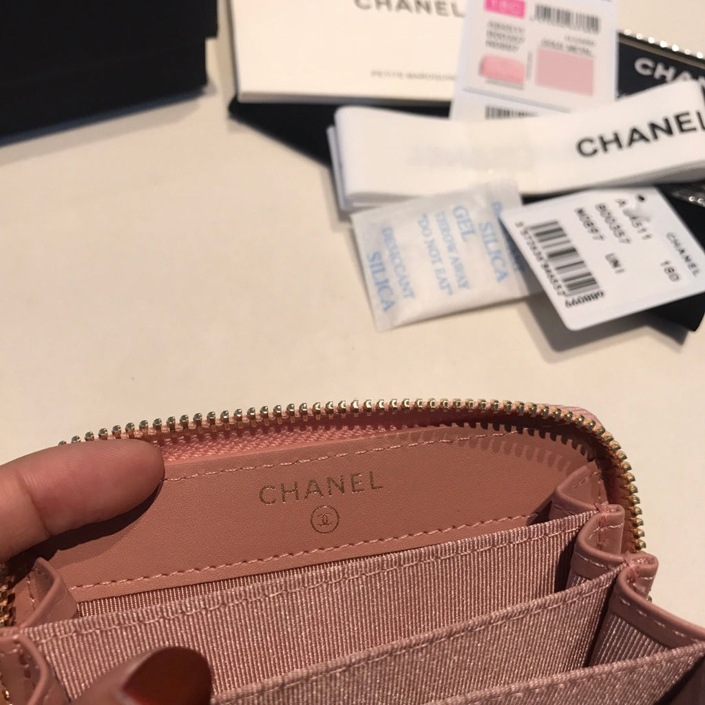 CHANEL ZIPPED CAVIAR PURSE 11 PEACH CALFSKIN GOLD ICON