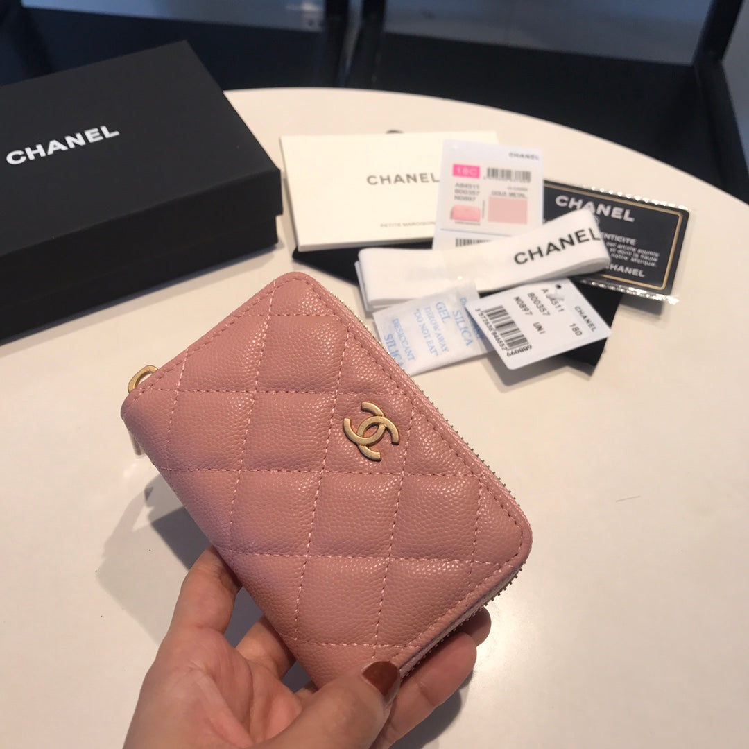 CHANEL ZIPPED CAVIAR PURSE 11 PEACH CALFSKIN GOLD ICON