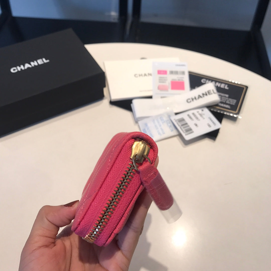 CHANEL ZIPPED CAVIAR PURSE 11 RED PINK CALFSKIN GOLD ICON