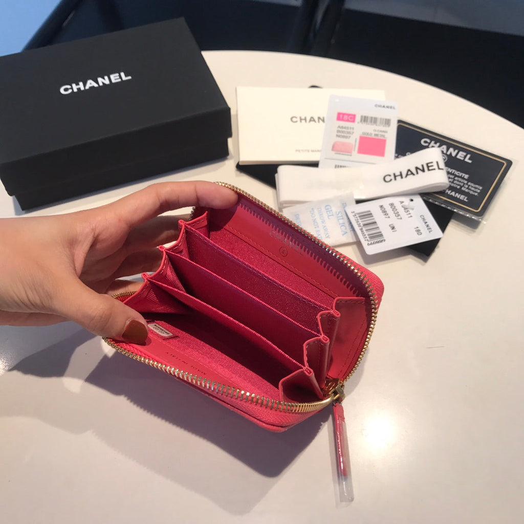 CHANEL ZIPPED CAVIAR PURSE 11 RED PINK CALFSKIN GOLD ICON