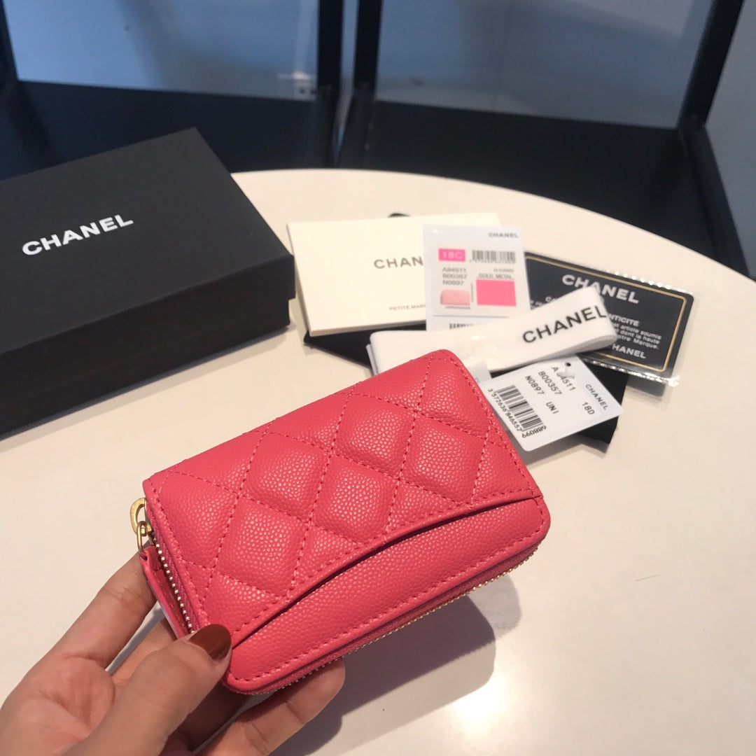 CHANEL ZIPPED CAVIAR PURSE 11 RED PINK CALFSKIN GOLD ICON