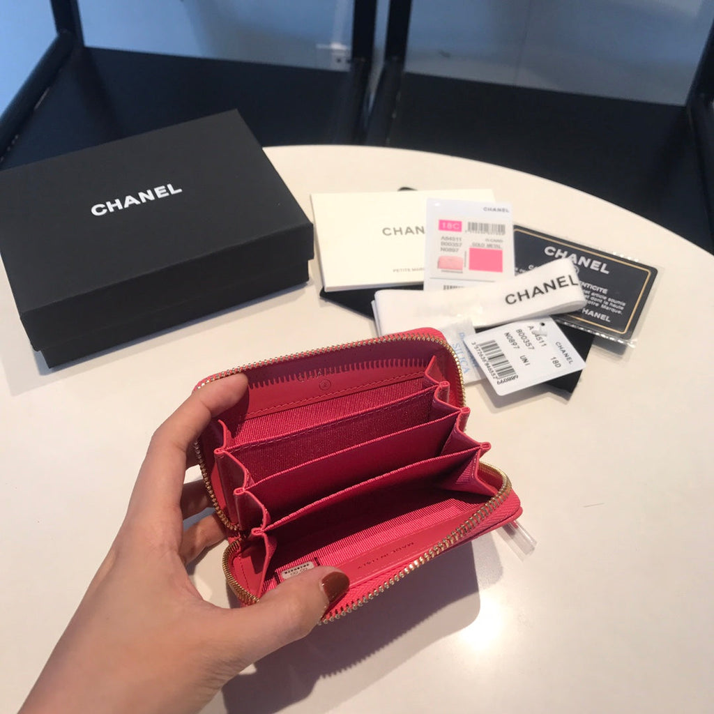 CHANEL ZIPPED CAVIAR PURSE 11 RED PINK CALFSKIN GOLD ICON