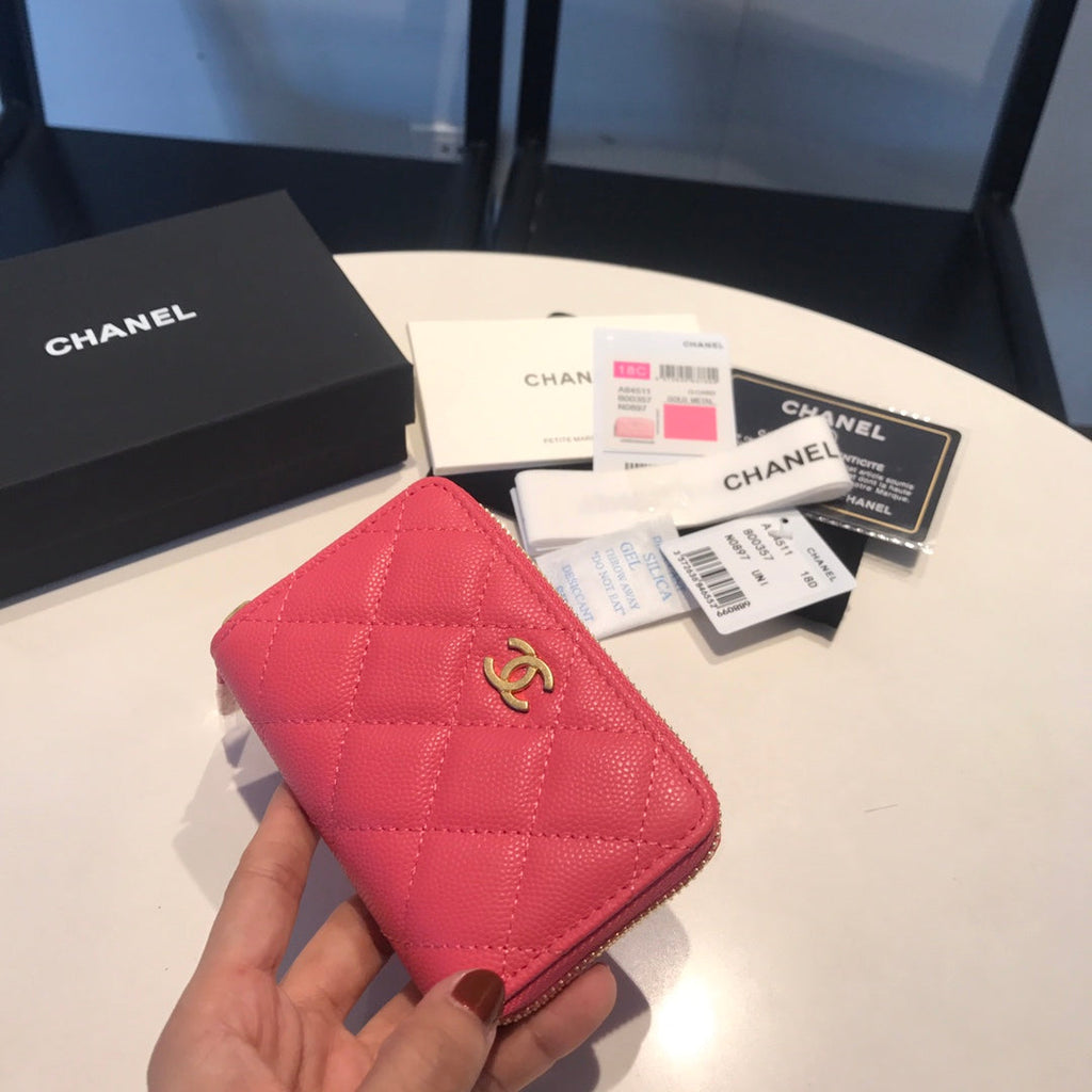CHANEL ZIPPED CAVIAR PURSE 11 RED PINK CALFSKIN GOLD ICON