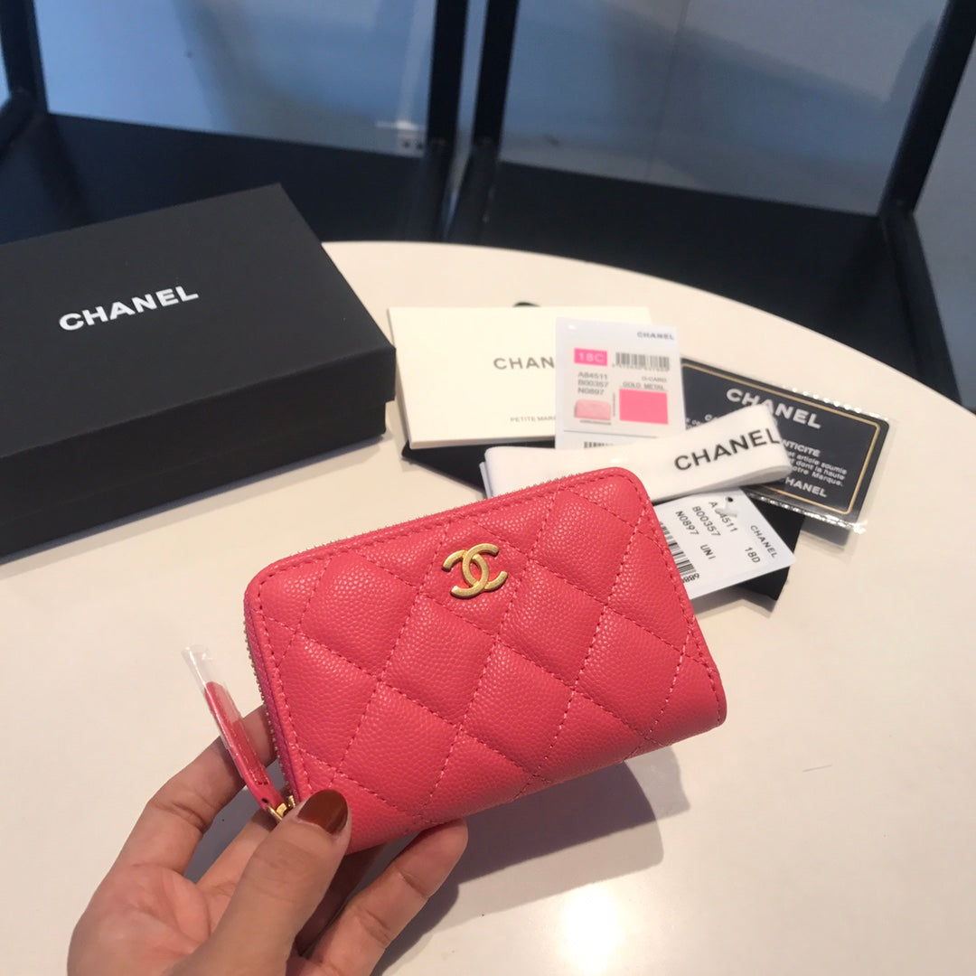 CHANEL ZIPPED CAVIAR PURSE 11 RED PINK CALFSKIN GOLD ICON