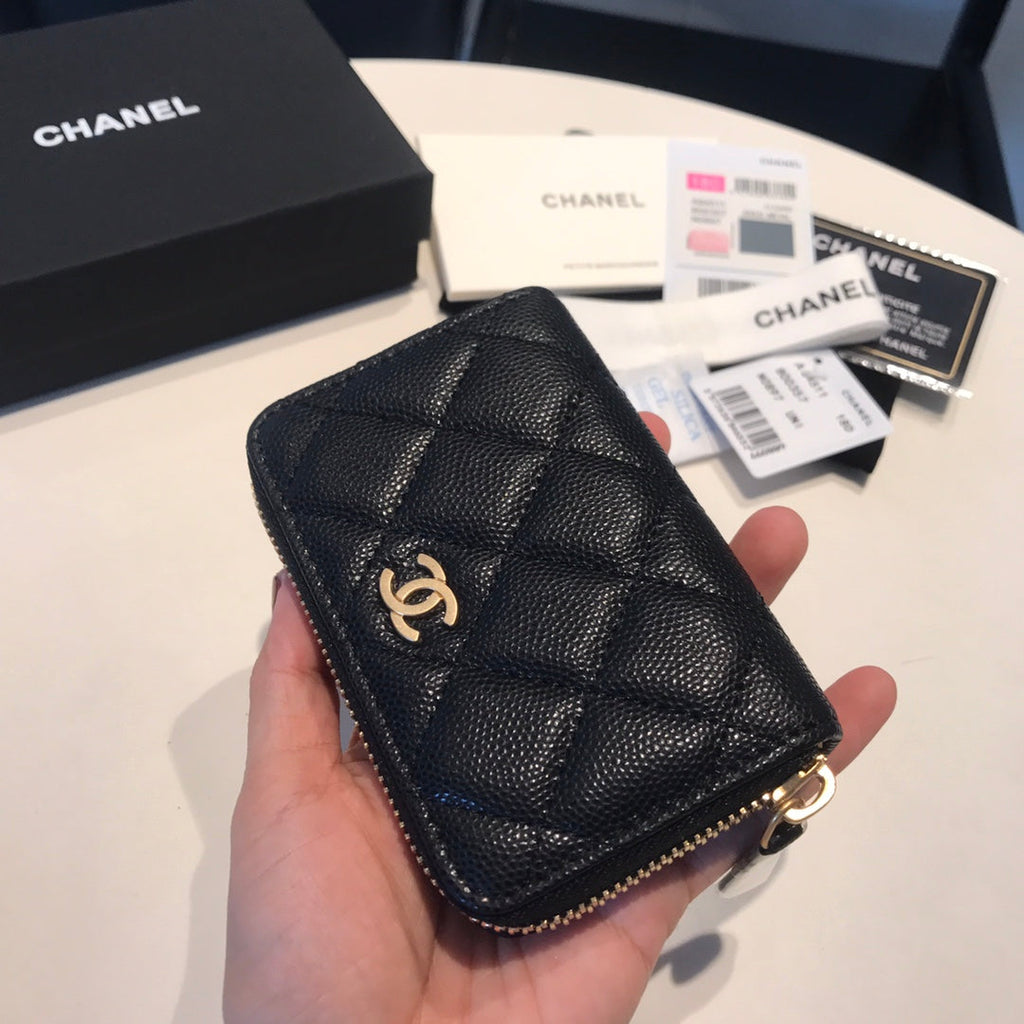 CHANEL ZIPPED CAVIAR PURSE 11 BLACK CALFSKIN GOLD ICON